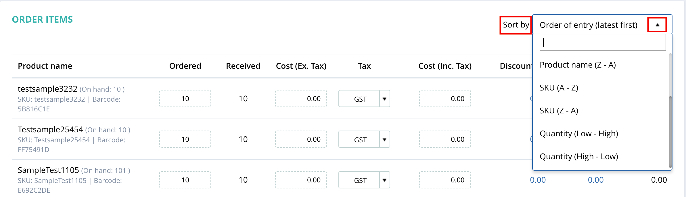 Sorting Items In A Purchase Order