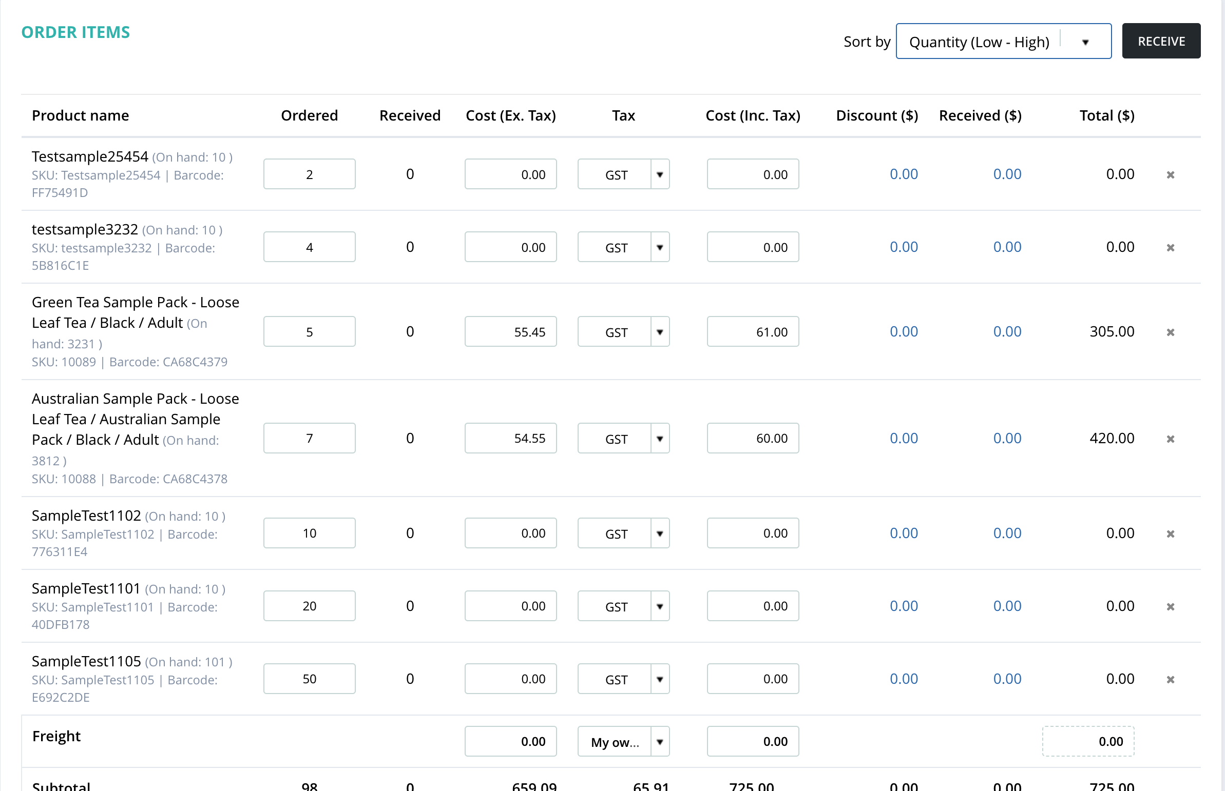 Sorting Items In A Purchase Order